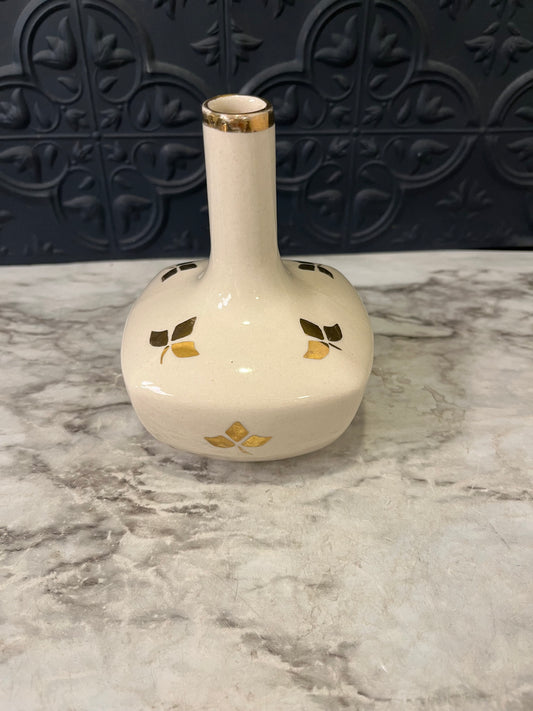 Cream and Gold Bud Vase with Leaf Pattern