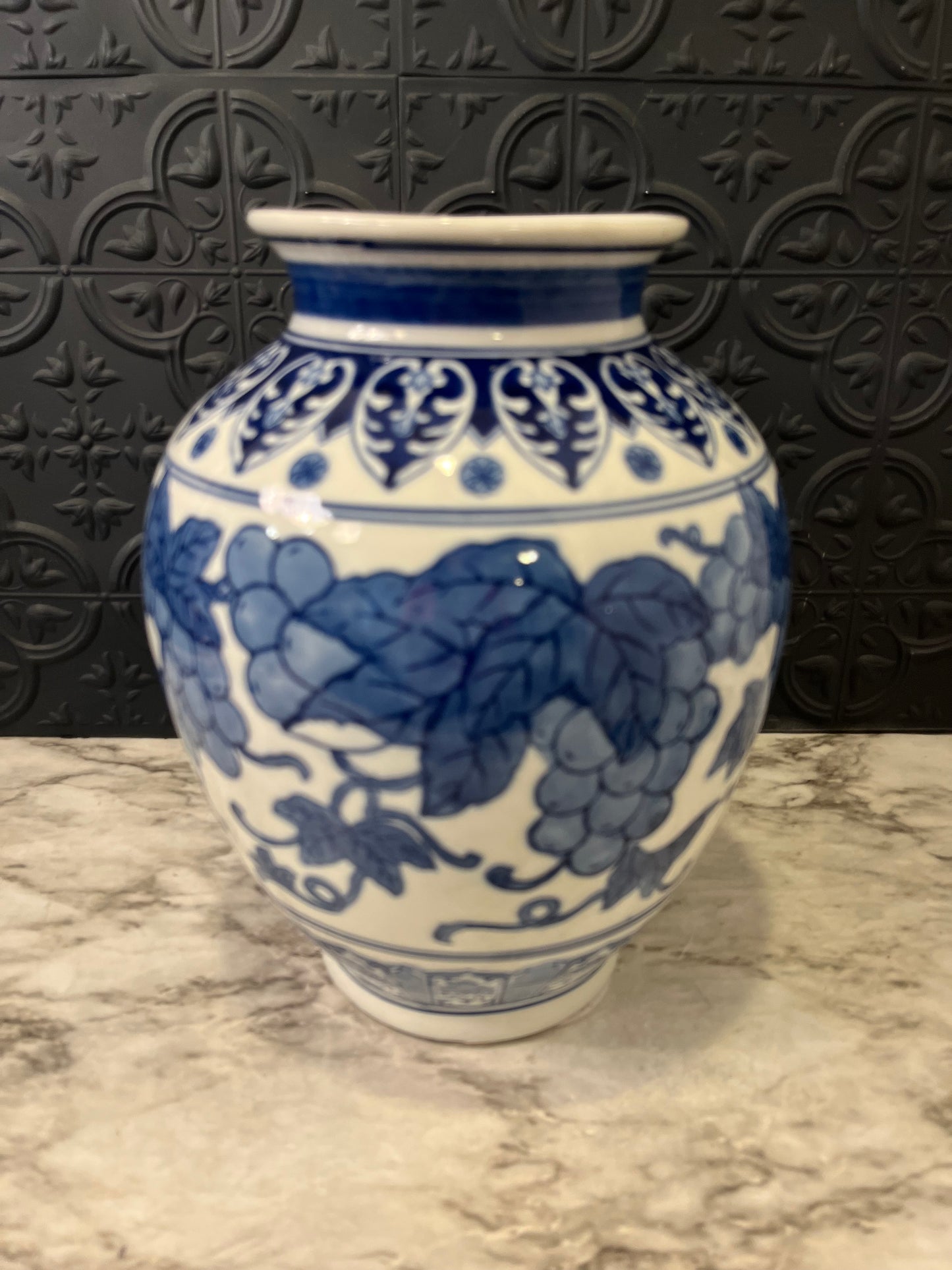 Large Blue and White Vase with Grapes