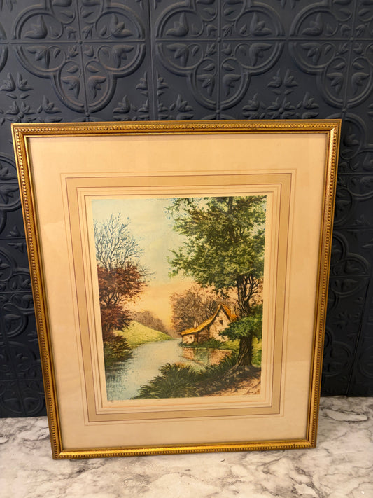 Etching of The Naire River at Premery France Framed