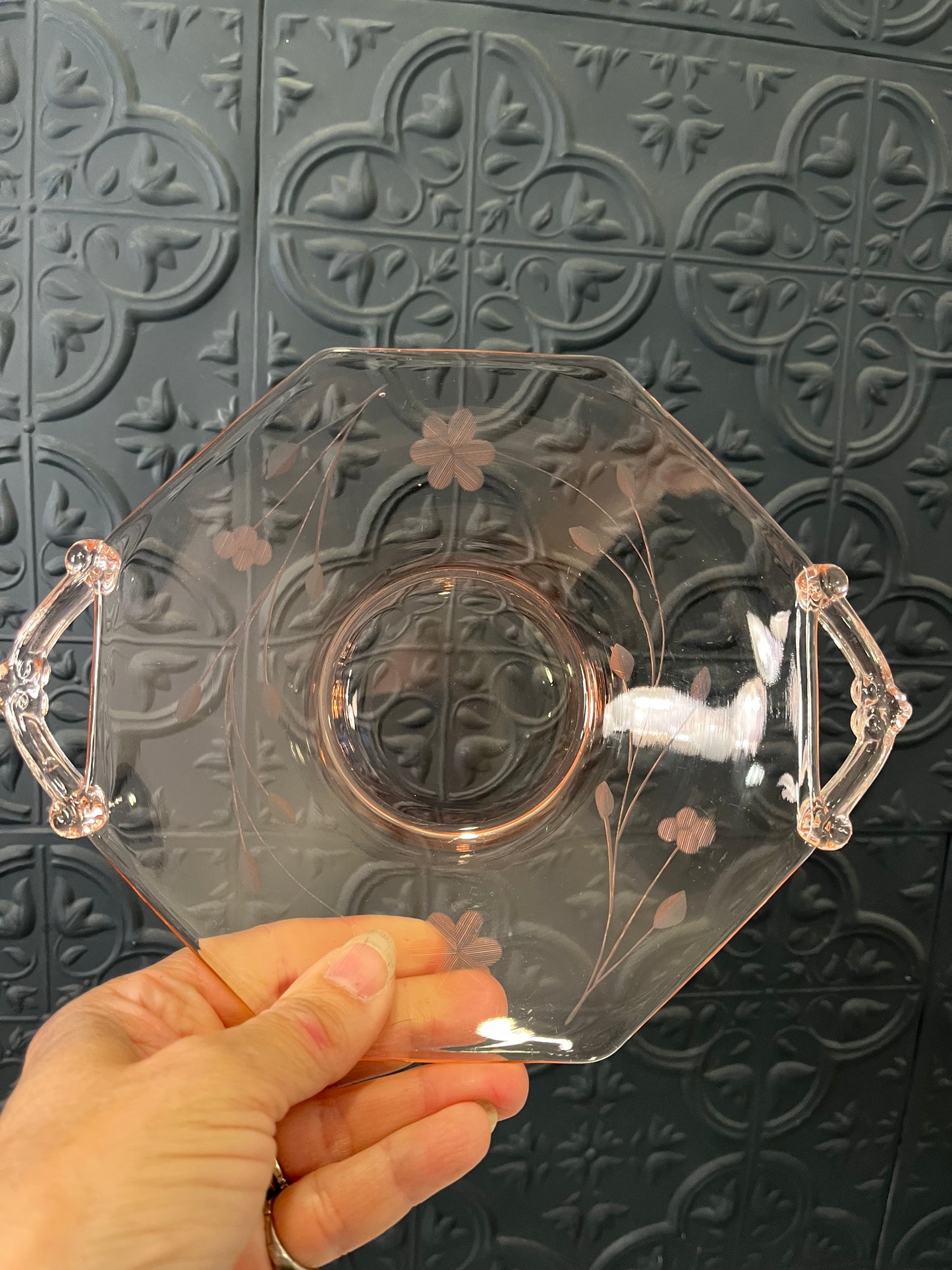 Pink Glass Octagon Etched Dish