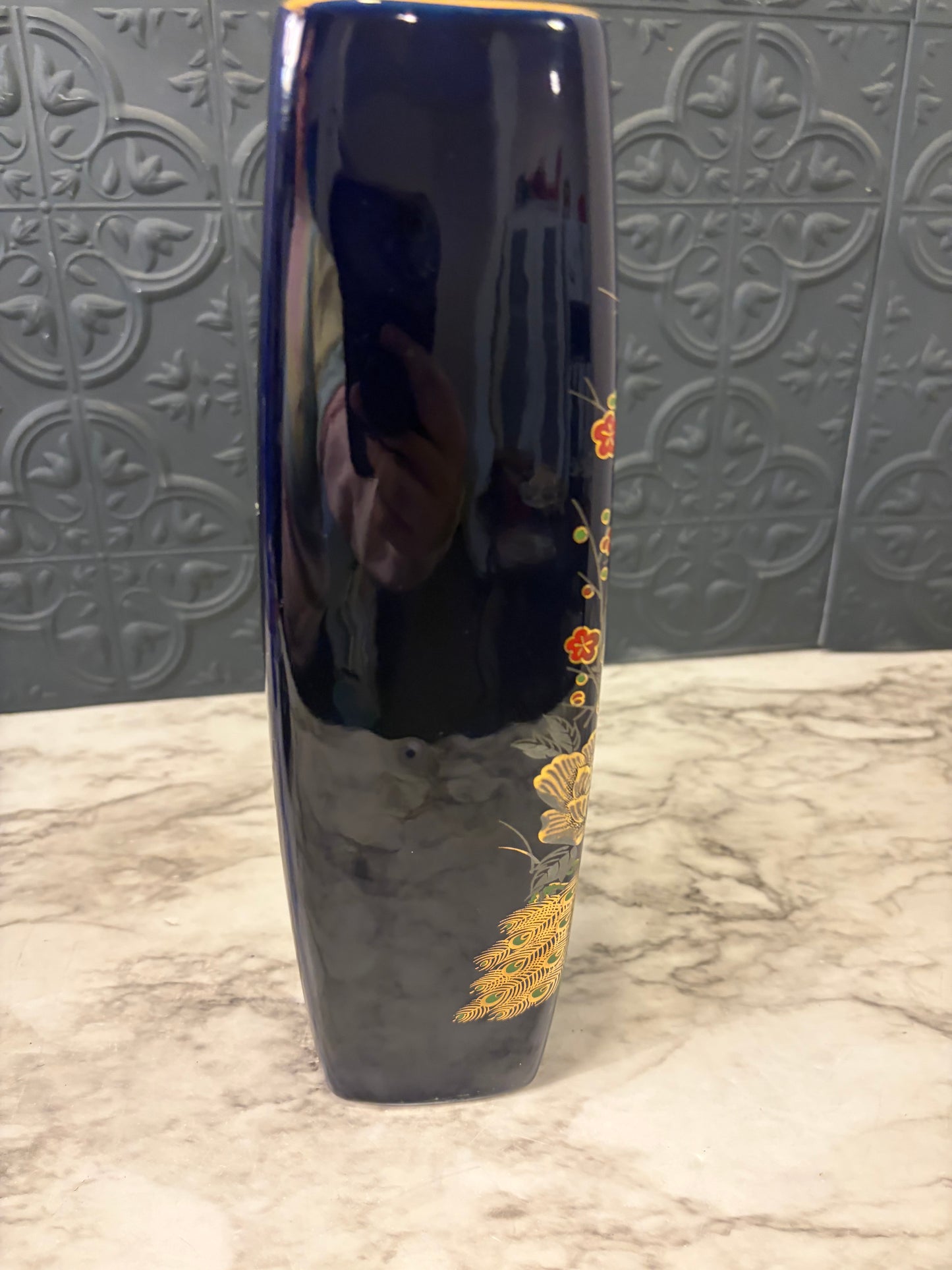 Dark Blue Square Japanese Vase with Peacocks