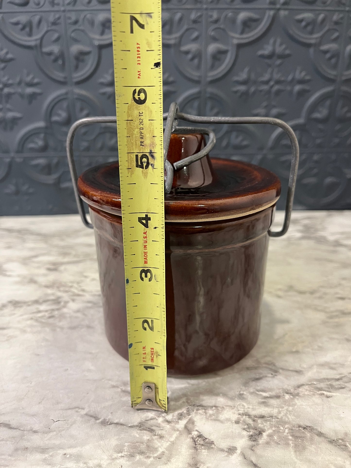 Brown Stoneware Crock with Wire top
