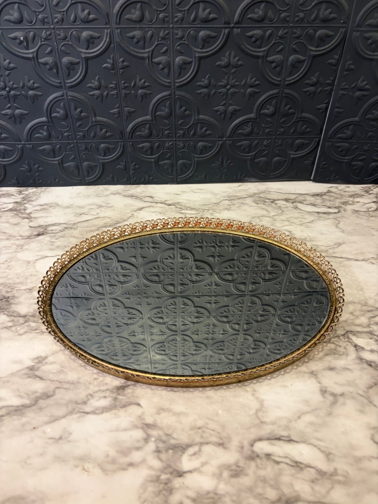 Oval Filligree Mirror Tray with Copper Backed Glass