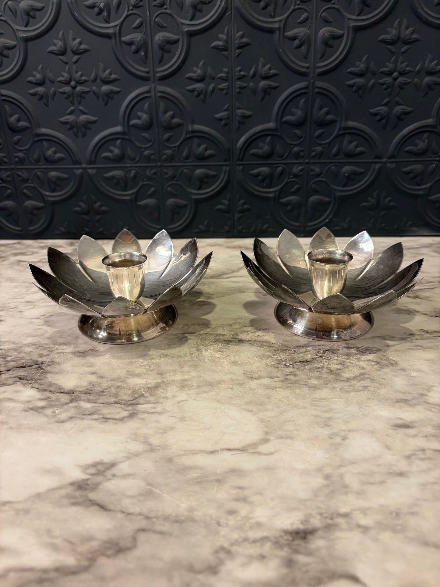 Leonard Silver Plate Lotus Candle Holder set of 2
