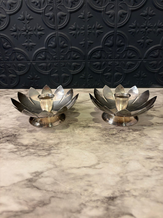 Leonard Silver Plate Lotus Candle Holder set of 2