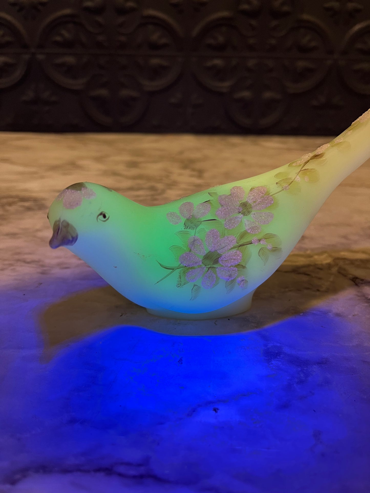 Fenton Custard Satin Glass UV Reactive Bird