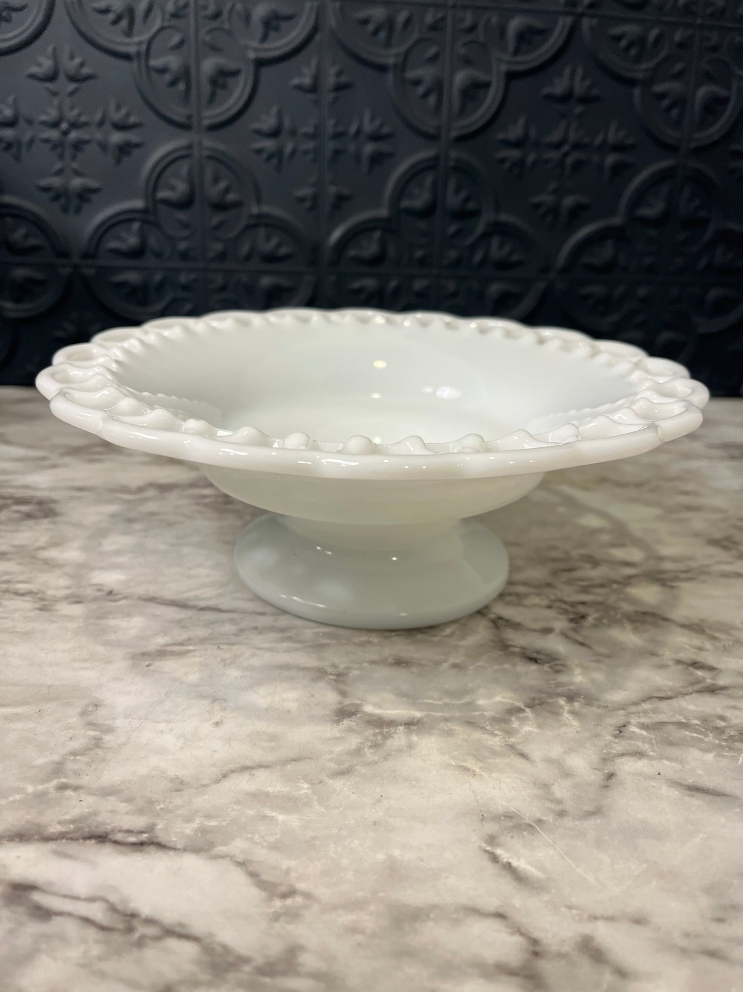 Milk Glass Lace Edge Pedestal Bowl