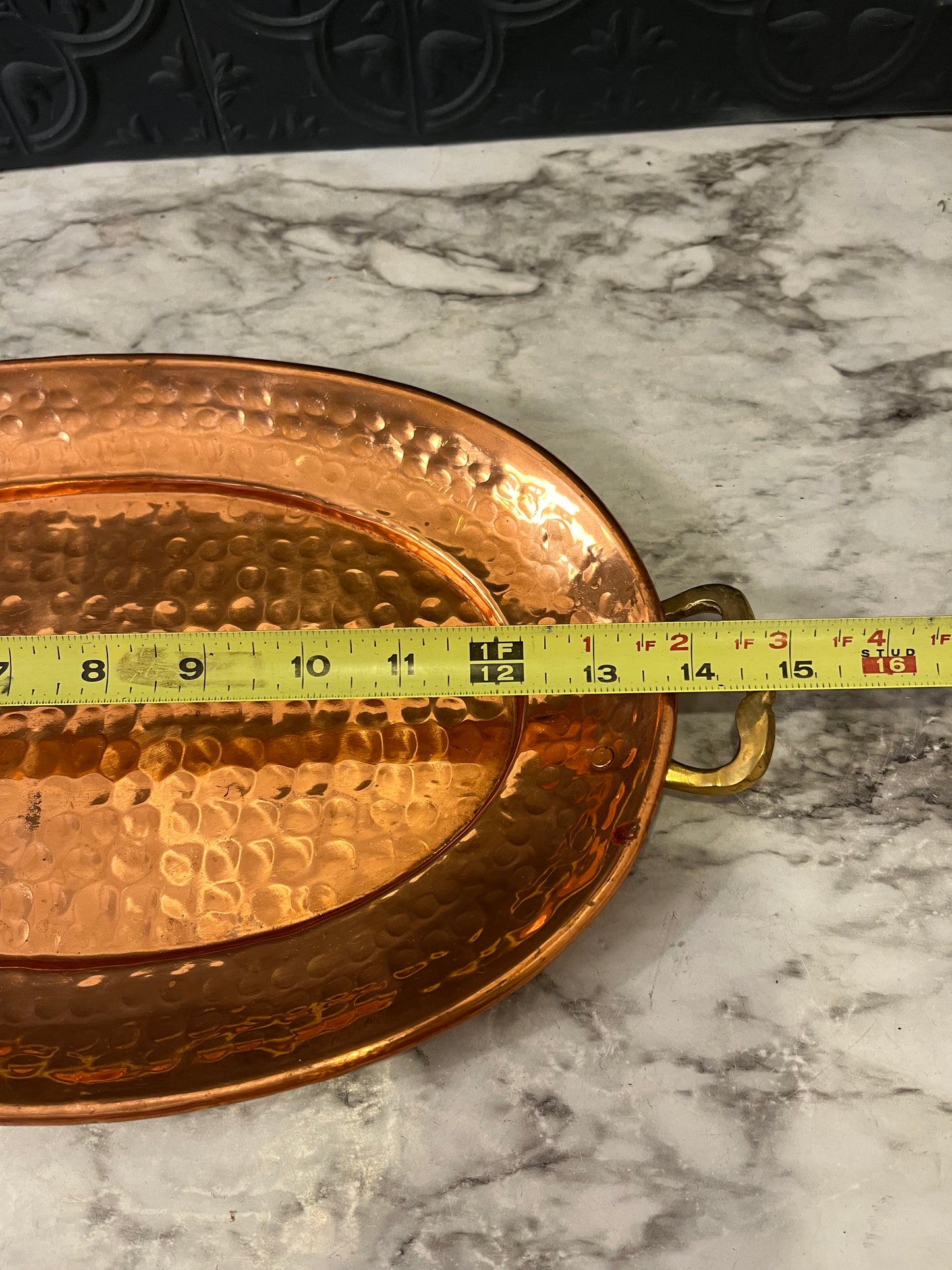 Oval Hammered Copper Tray with Brass Handles 13"