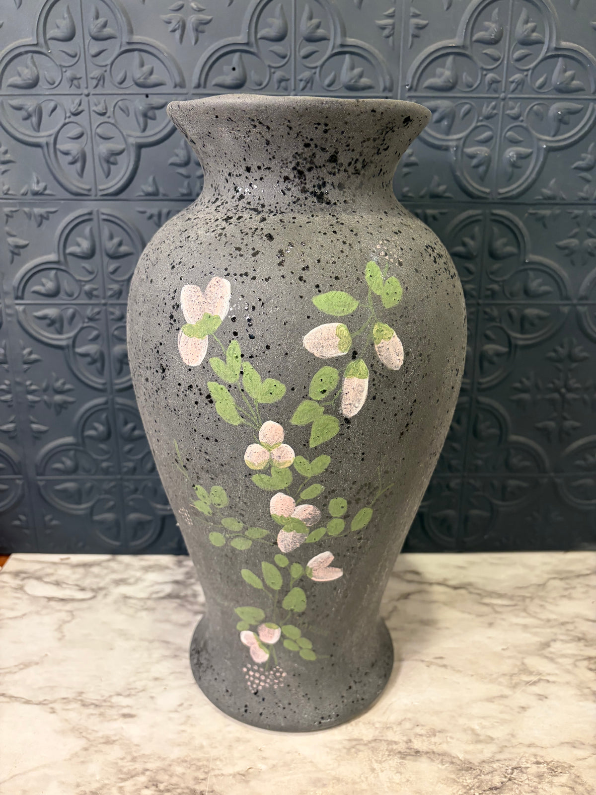 Large Grey Speckled Studio Pottery Vase with Pink flowers