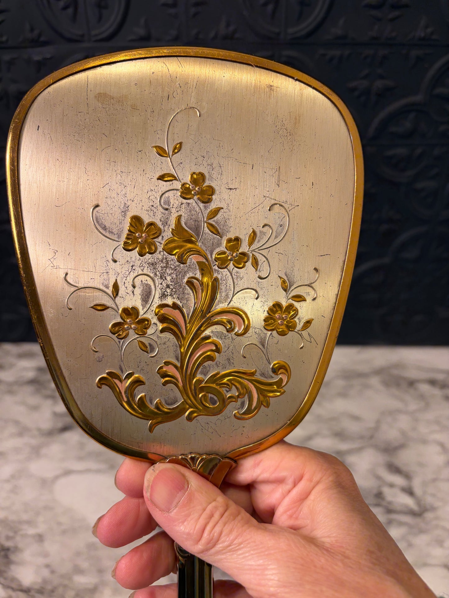 Goldtone Floral Hand Mirror