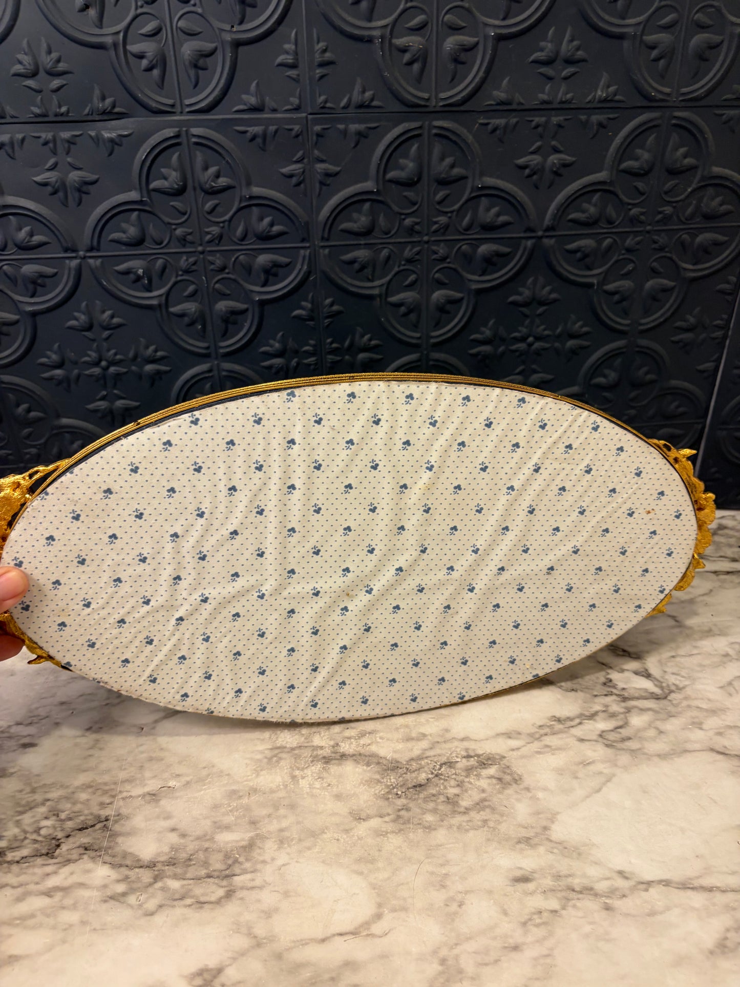 Oval Brass Mirror Tray with Roses 17"