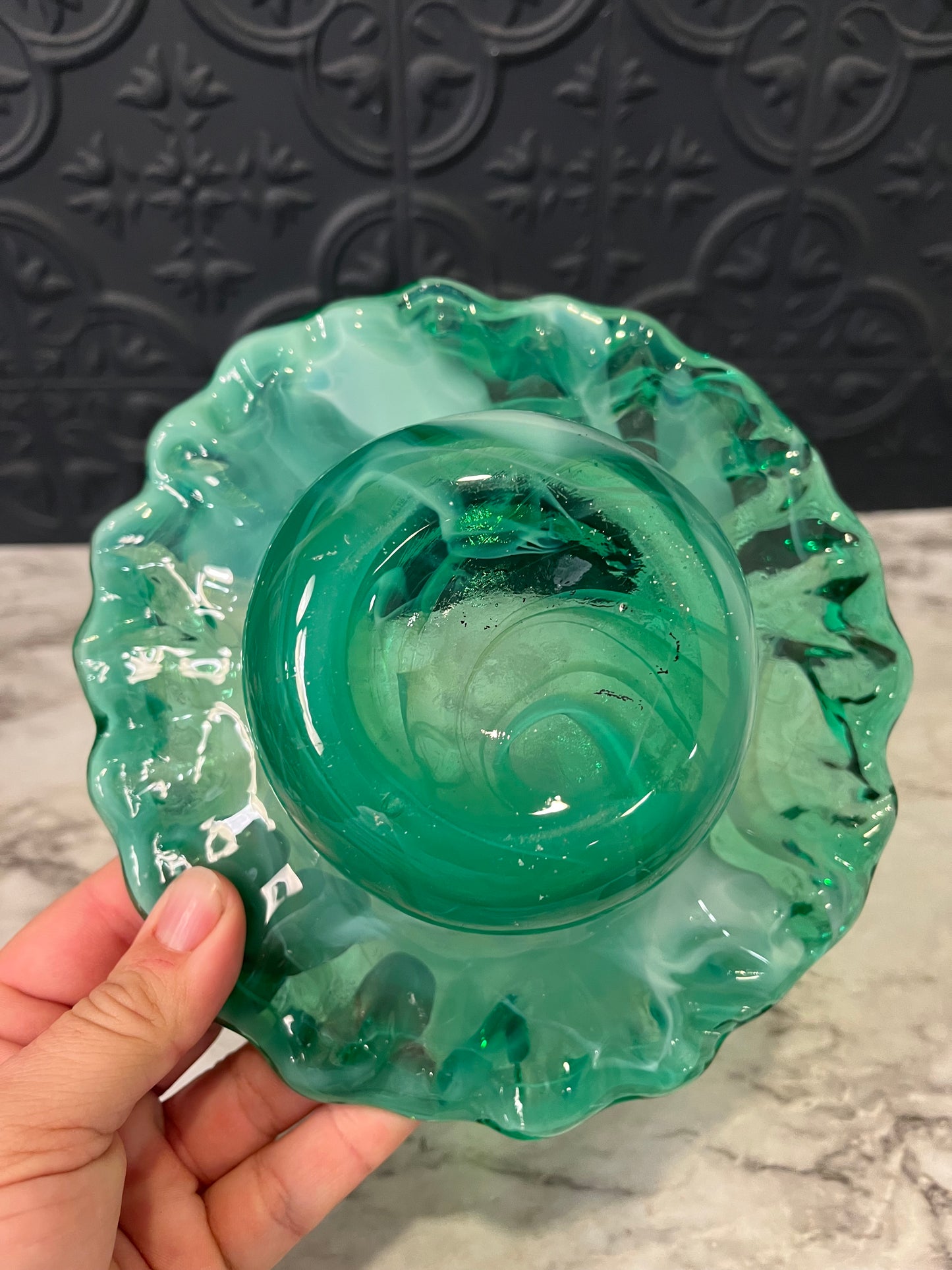 Hand Blown Green Glass Bowl with Ruffle
