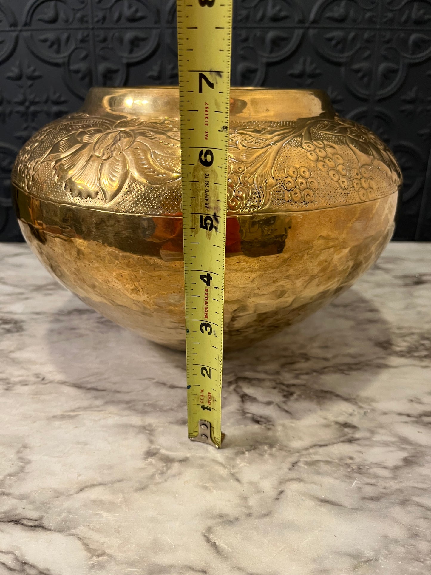 Embossed top half Round Brass Pot
