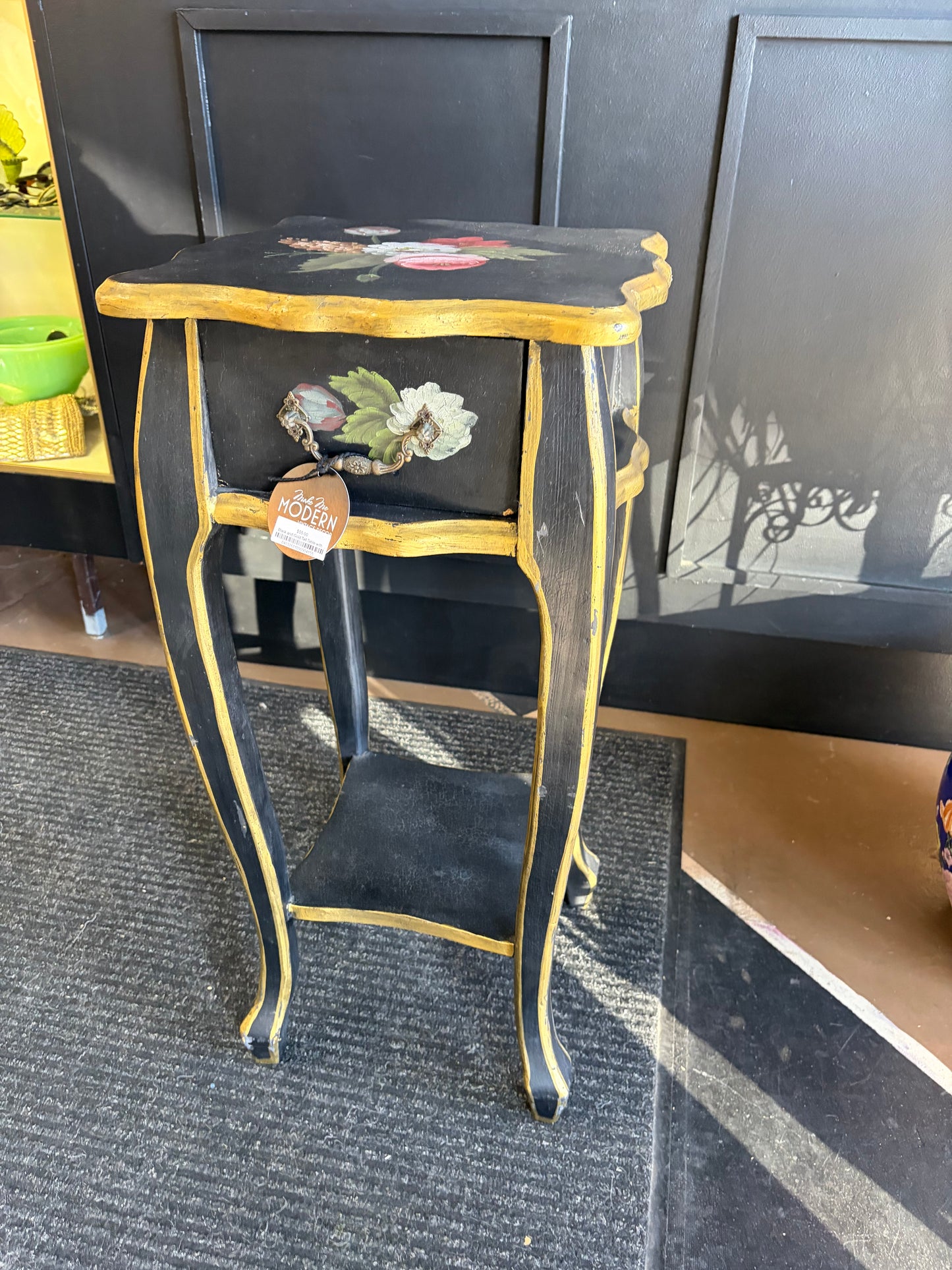 Black and Gold Tall Table with Handpainted Flowers