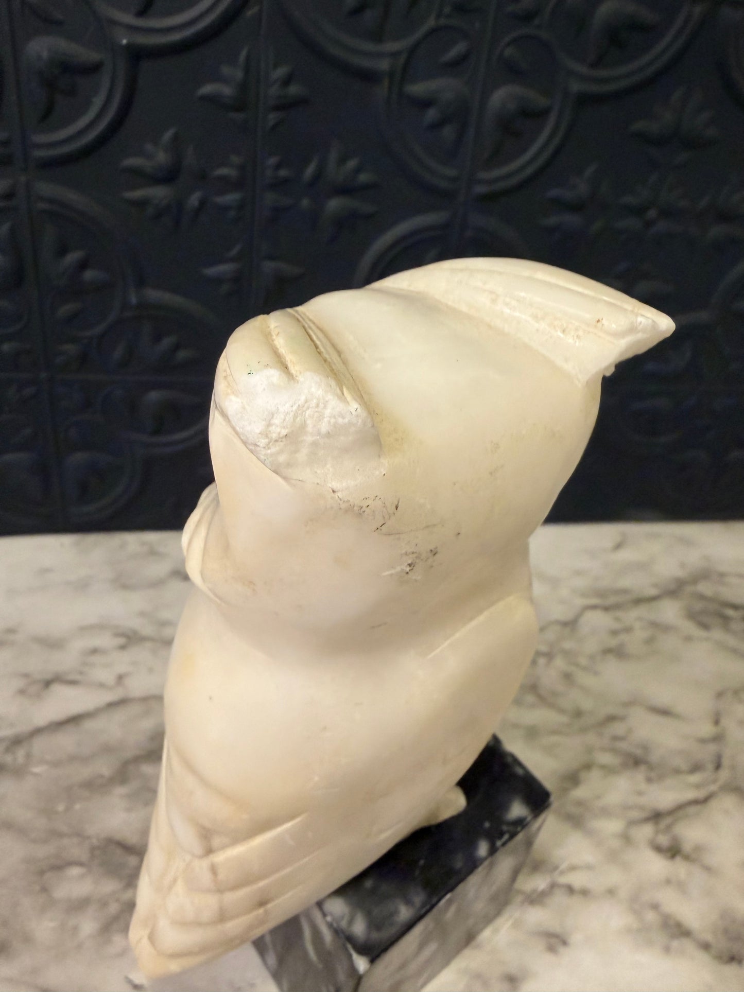 Carved Stone Owl On Marble Base AS IS