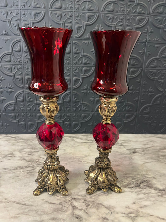 Hollywood Regency ruby Red Votive Candle Holder x 2