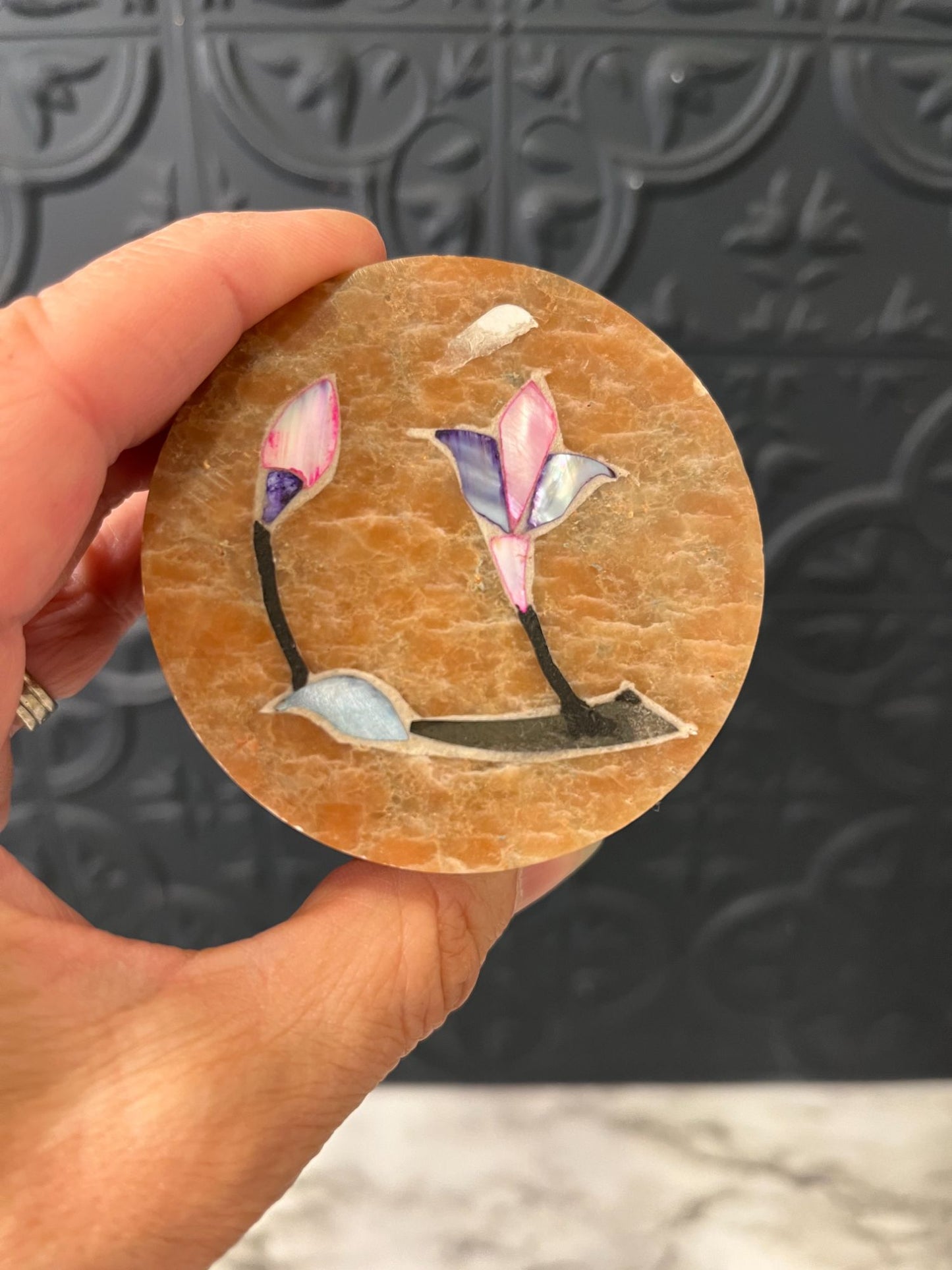 Round Stone Box with flower  inlay