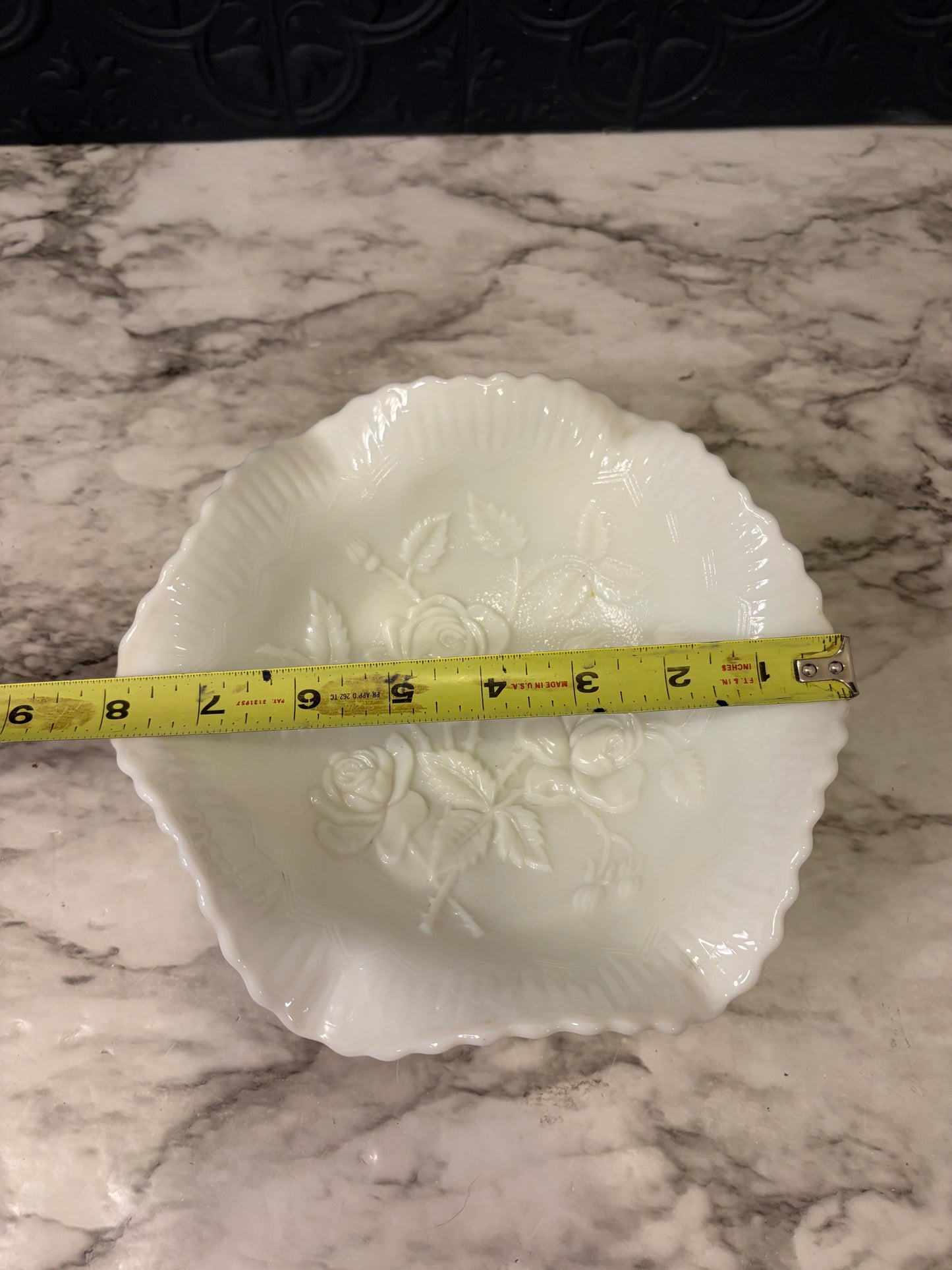 Milk Glass Ruffled Rose Embossed Footed Dish
