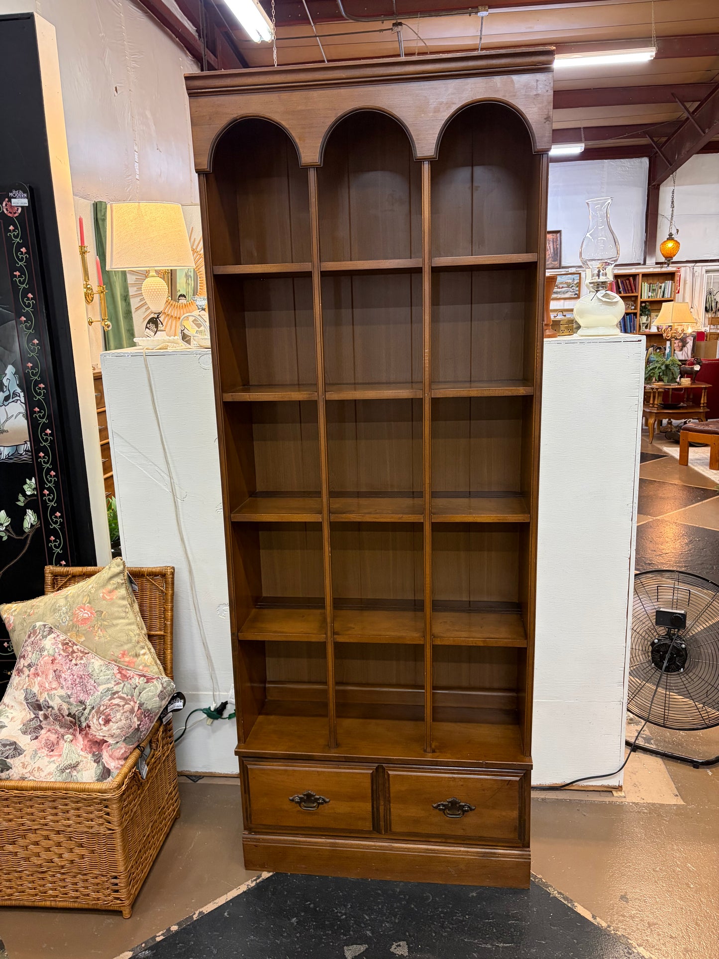Vintage Arched Bookshelf with Lower Drawers