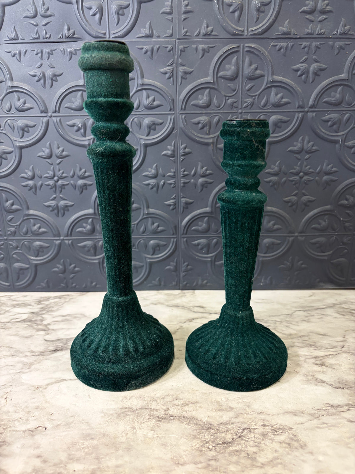 Green Velvet Flocked Candle holder Set of 2