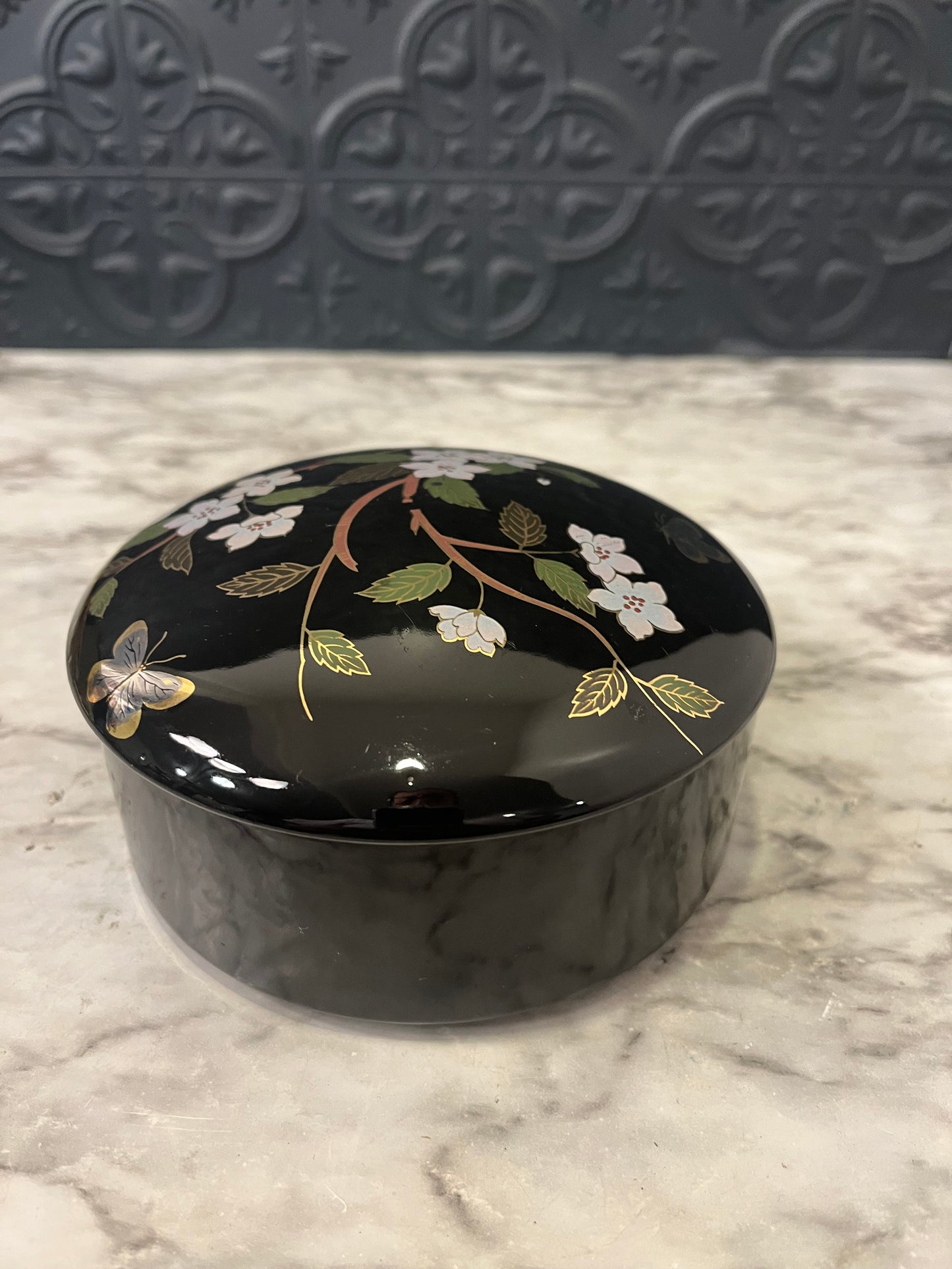 Black Ceramic Lidded Dish with Cherry Blossoms