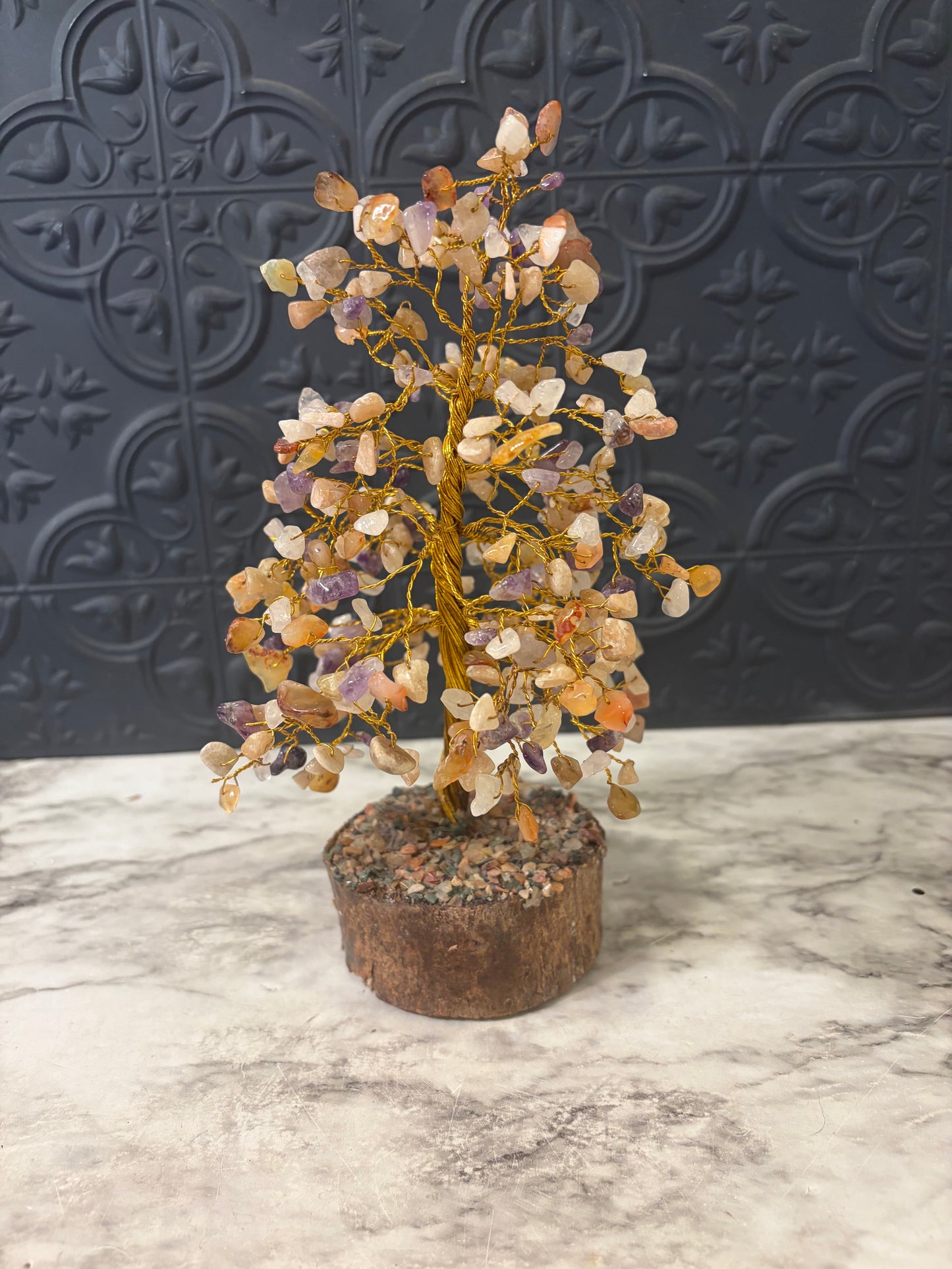 Gemstone Tree with Circular Wood Base