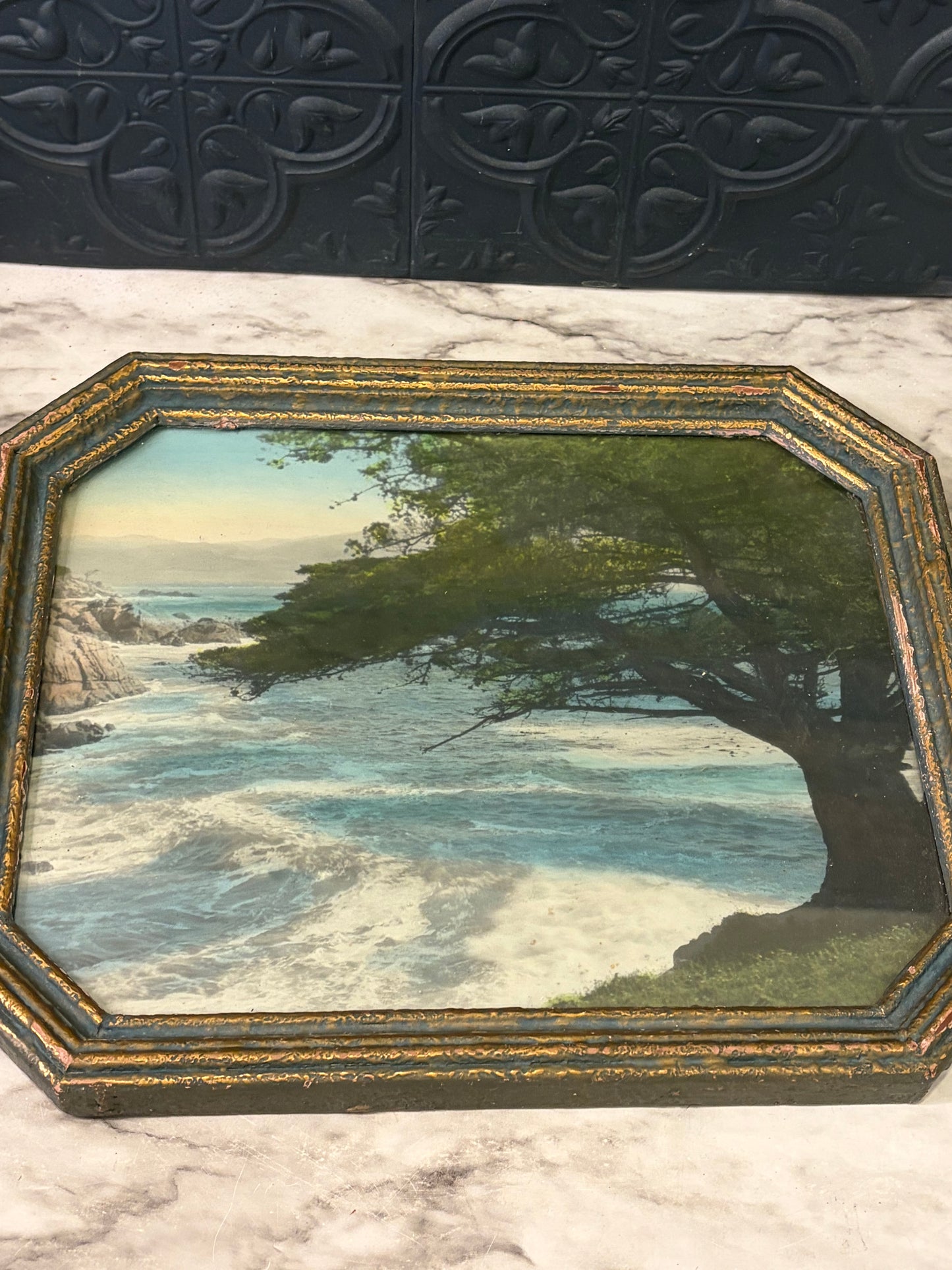 Vintage Art of Coastline in Octagon Frame