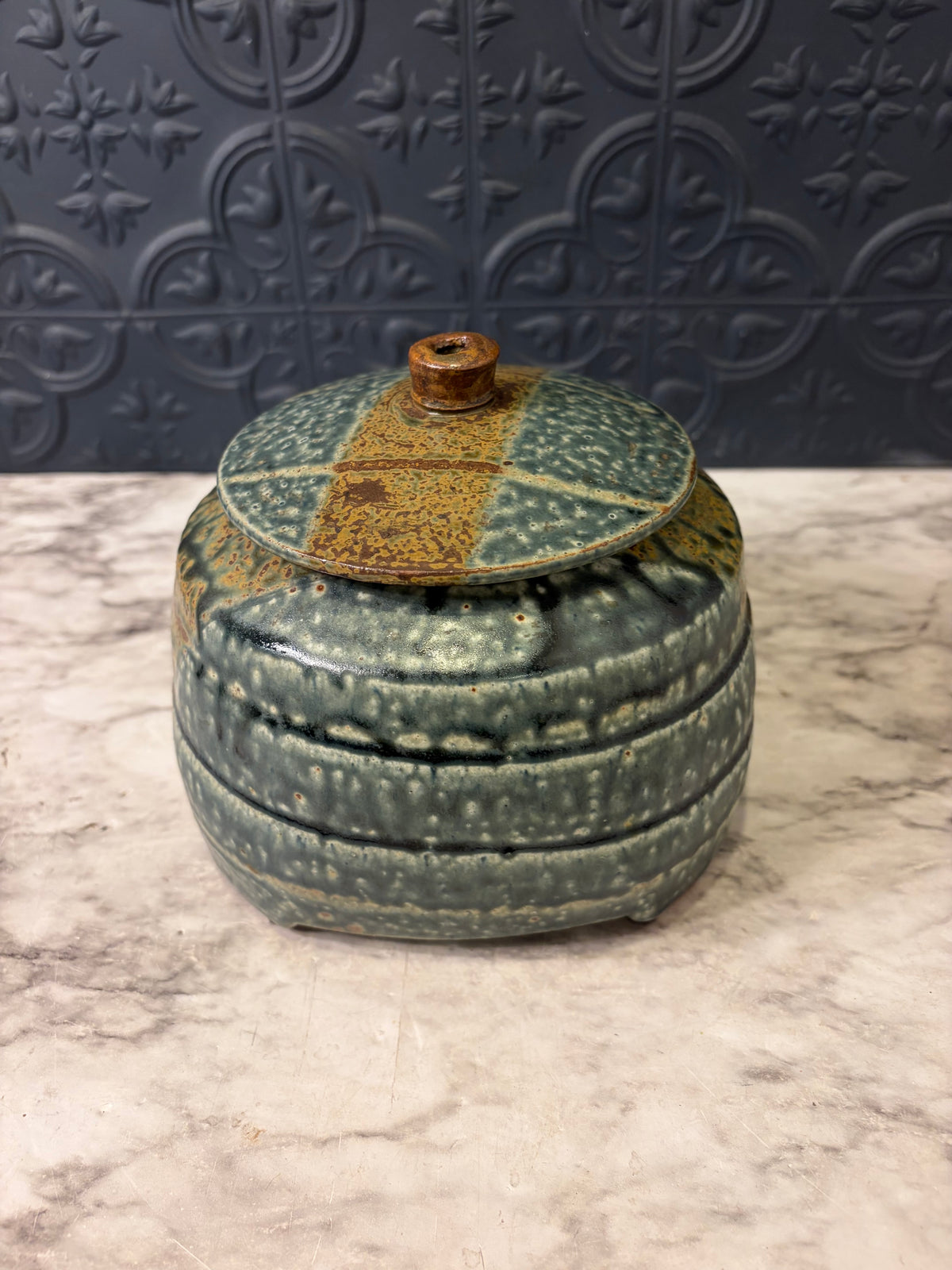 Blue and Brown Glazed Pottery Jar with Lid
