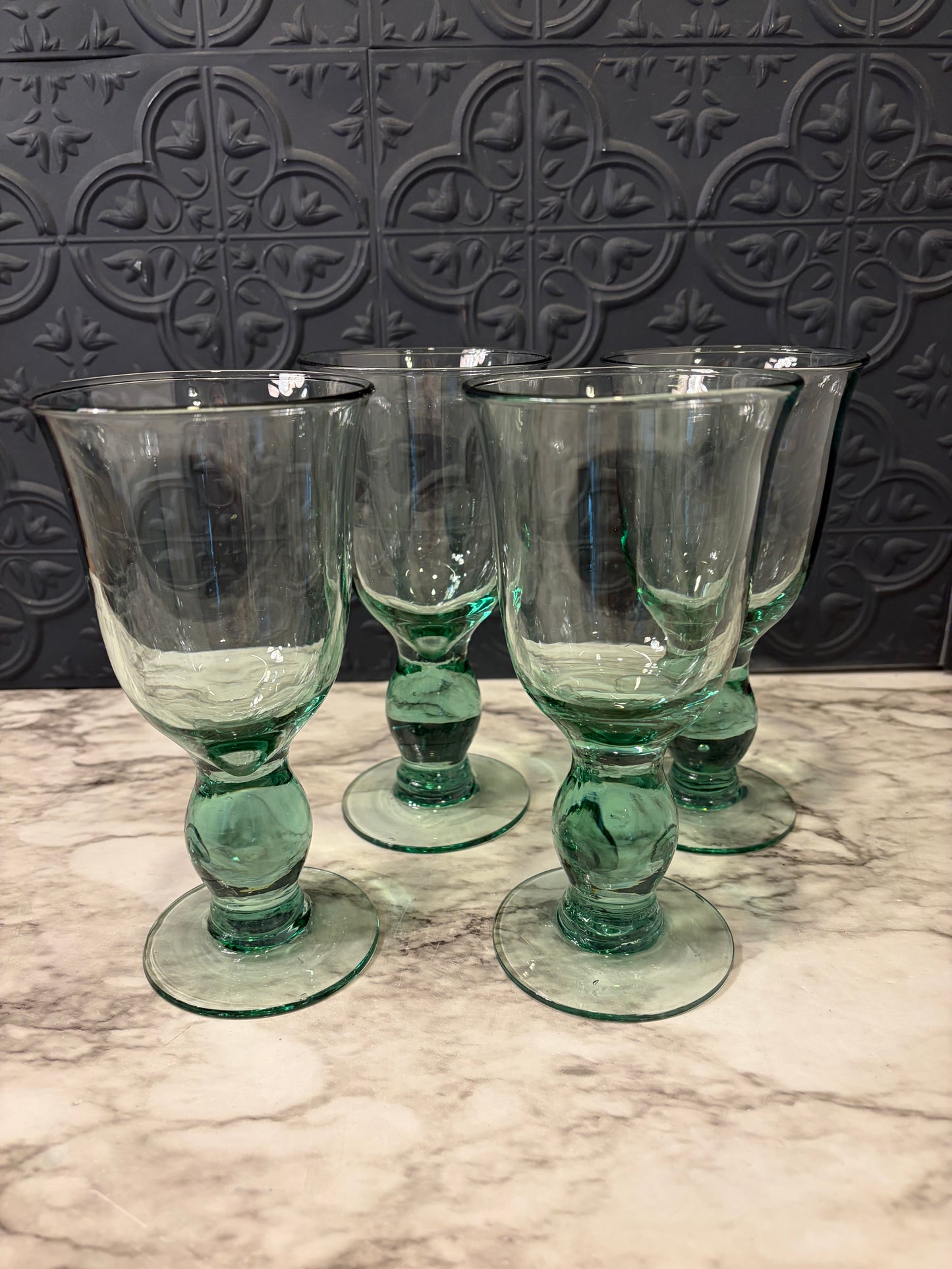 Seafoam Green Glass Goblets with Bublle Stem