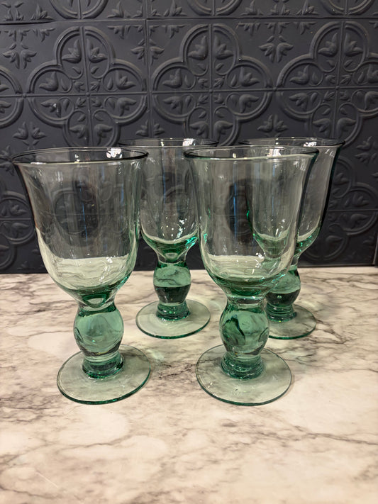 Seafoam Green Glass Goblets with Bublle Stem