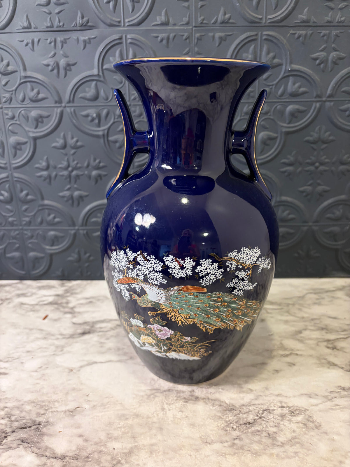 Vintage Cobalt Blue Peacock Vase double handle
