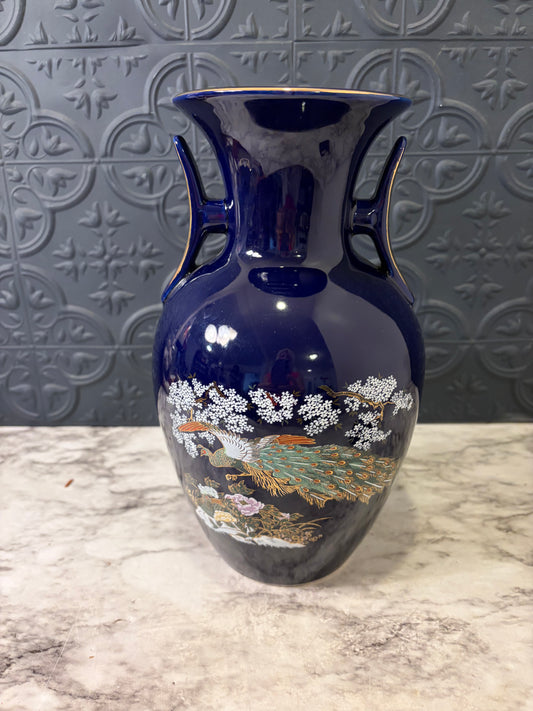Vintage Cobalt Blue Peacock Vase double handle