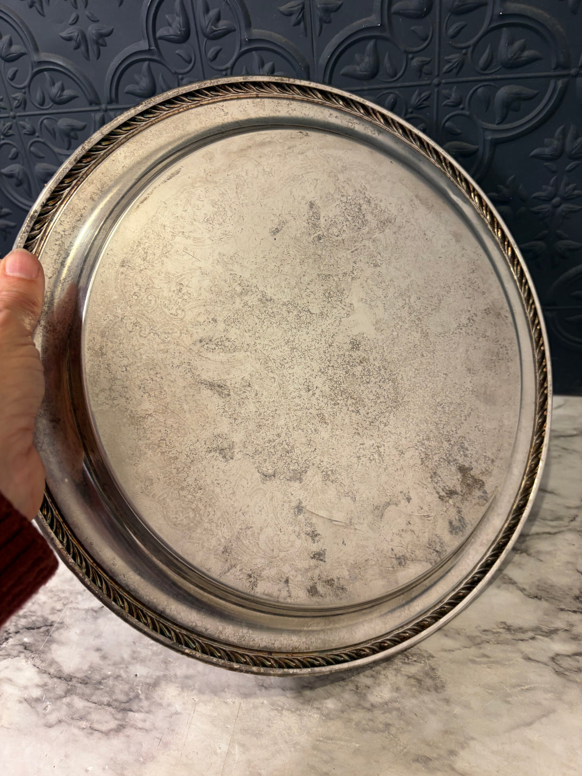 12" Etched Silver Plate Tray with Rope Edge