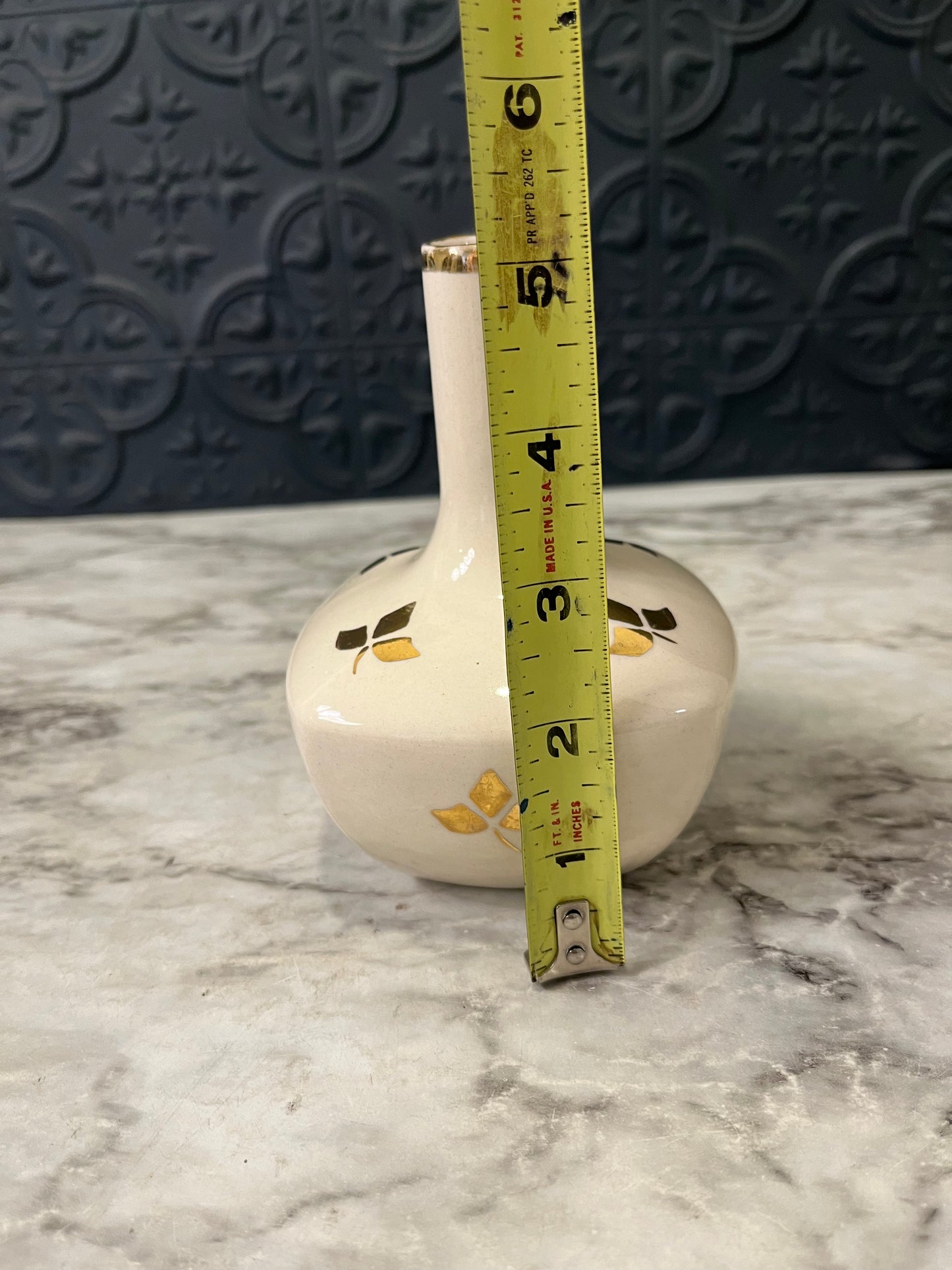 Cream and Gold Bud Vase with Leaf Pattern