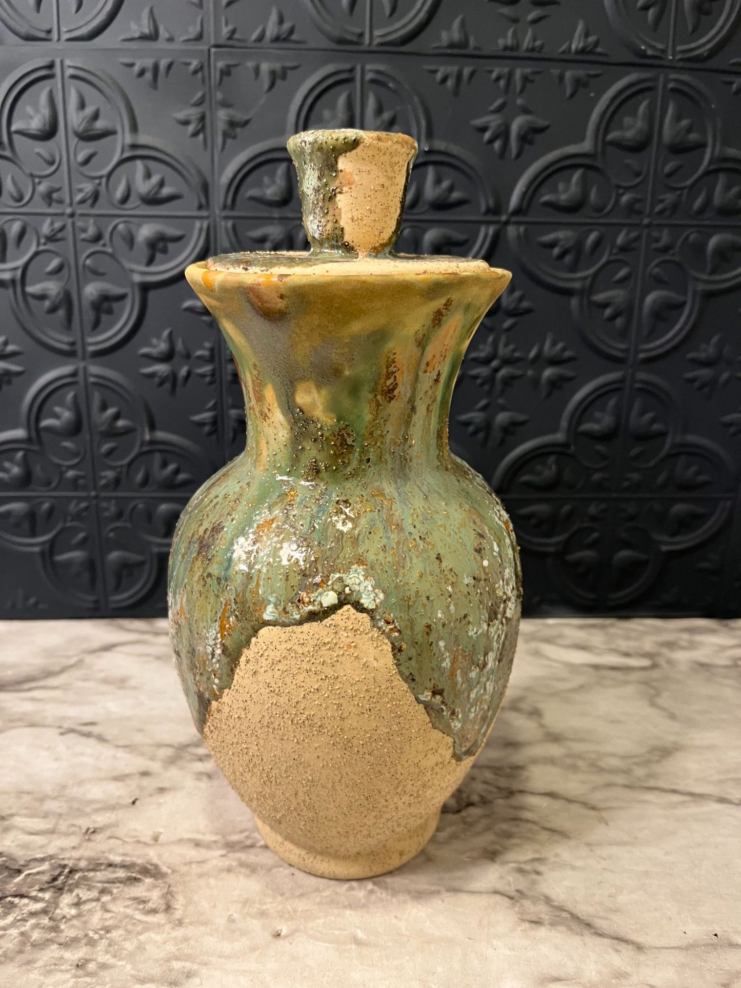 Rough Tan Pottery Jar with Lid  and green drip