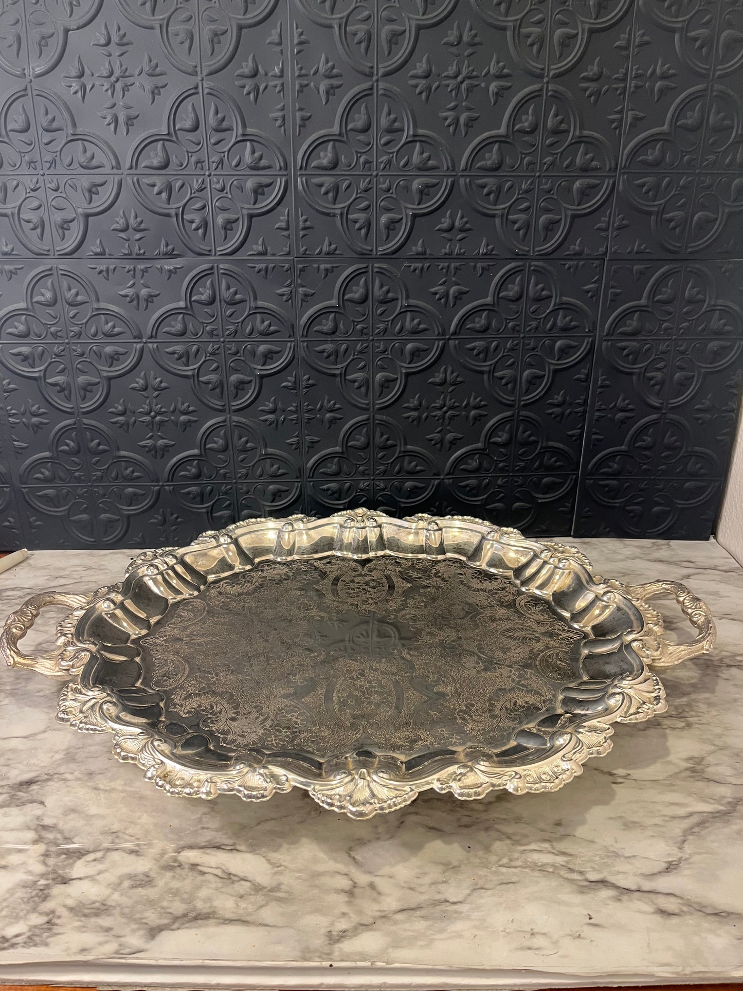 Silverplate Oval Scallop edge Etched Footed Serving Tray