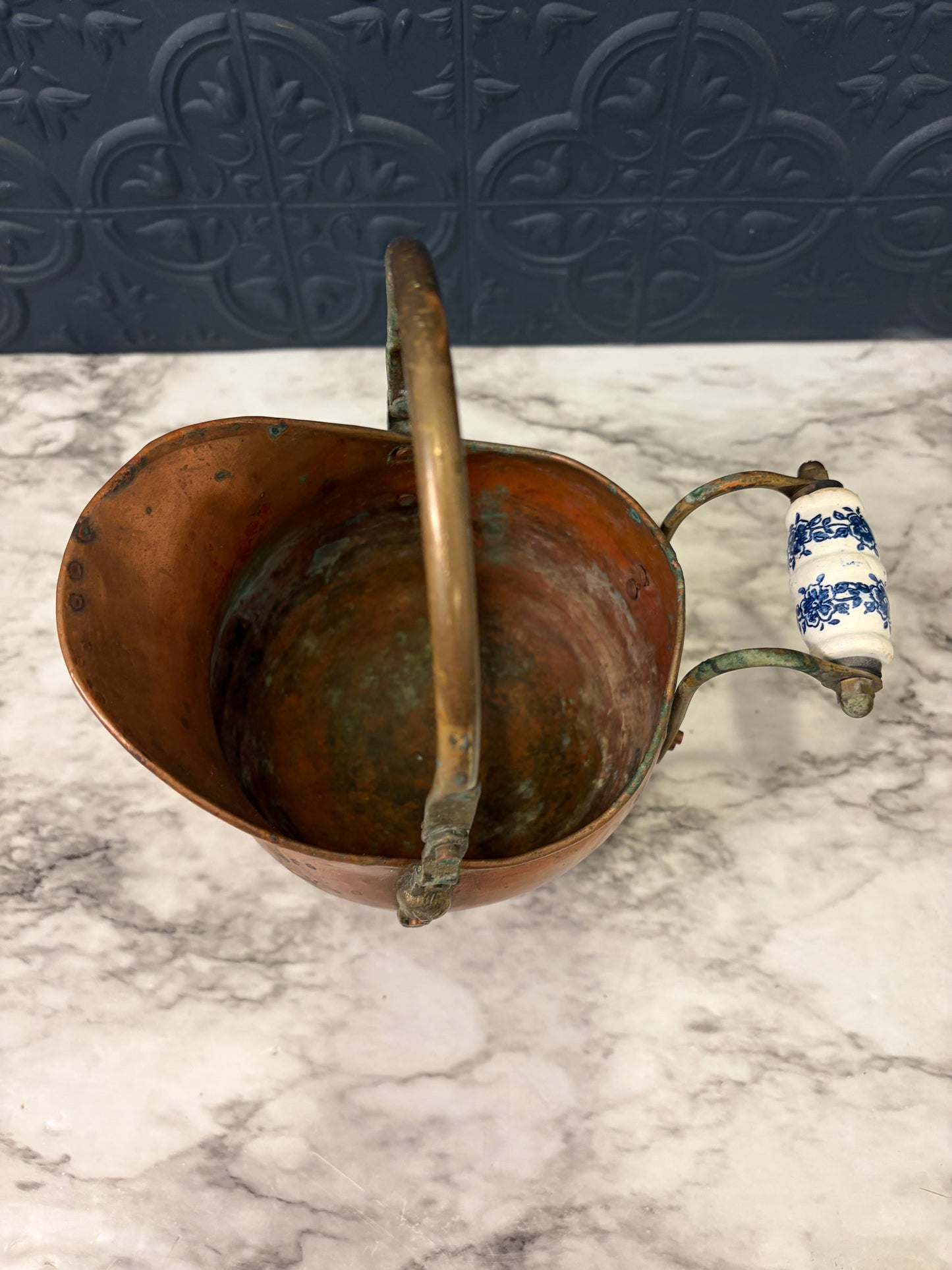 Small Copper Scuttle with Porcelain Handle