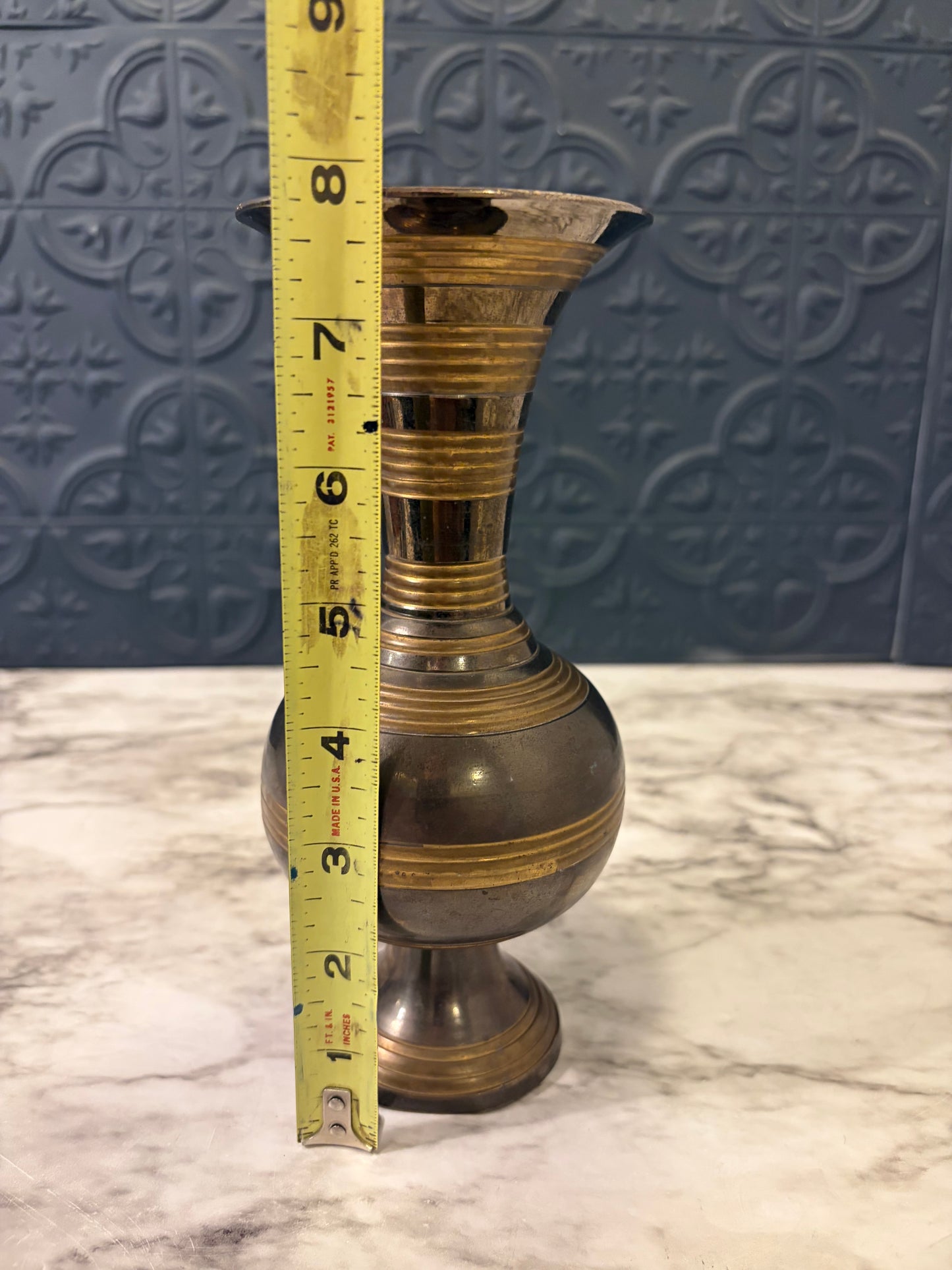 Brass 2 tone Vase with Rings 8"