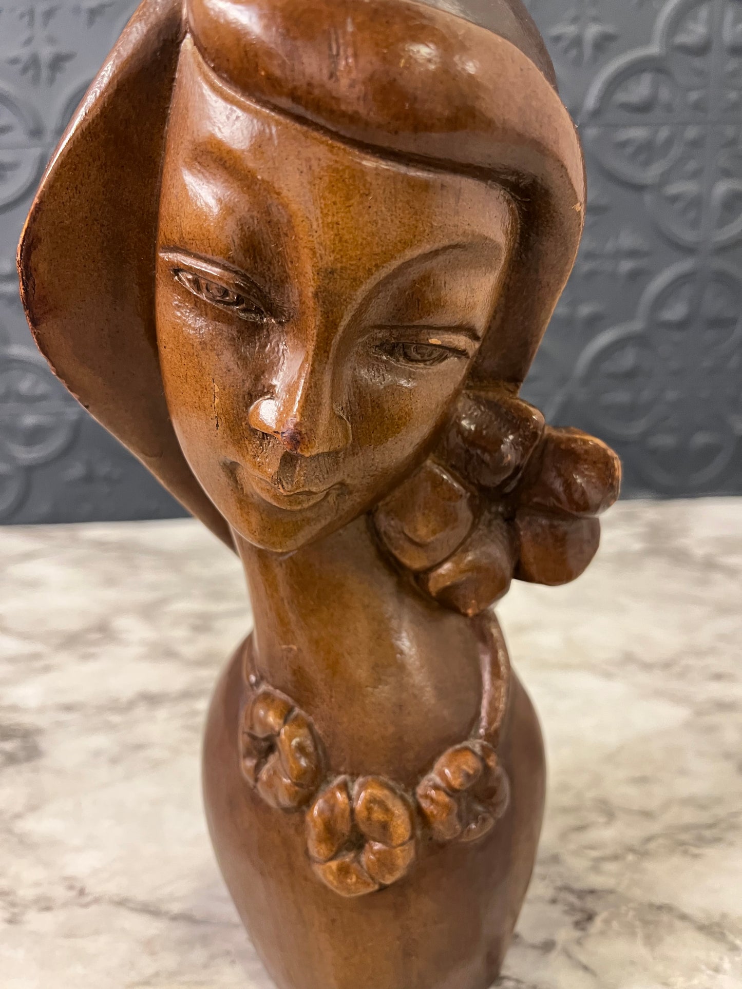 Wooden Carved Madonna Head With Lei
