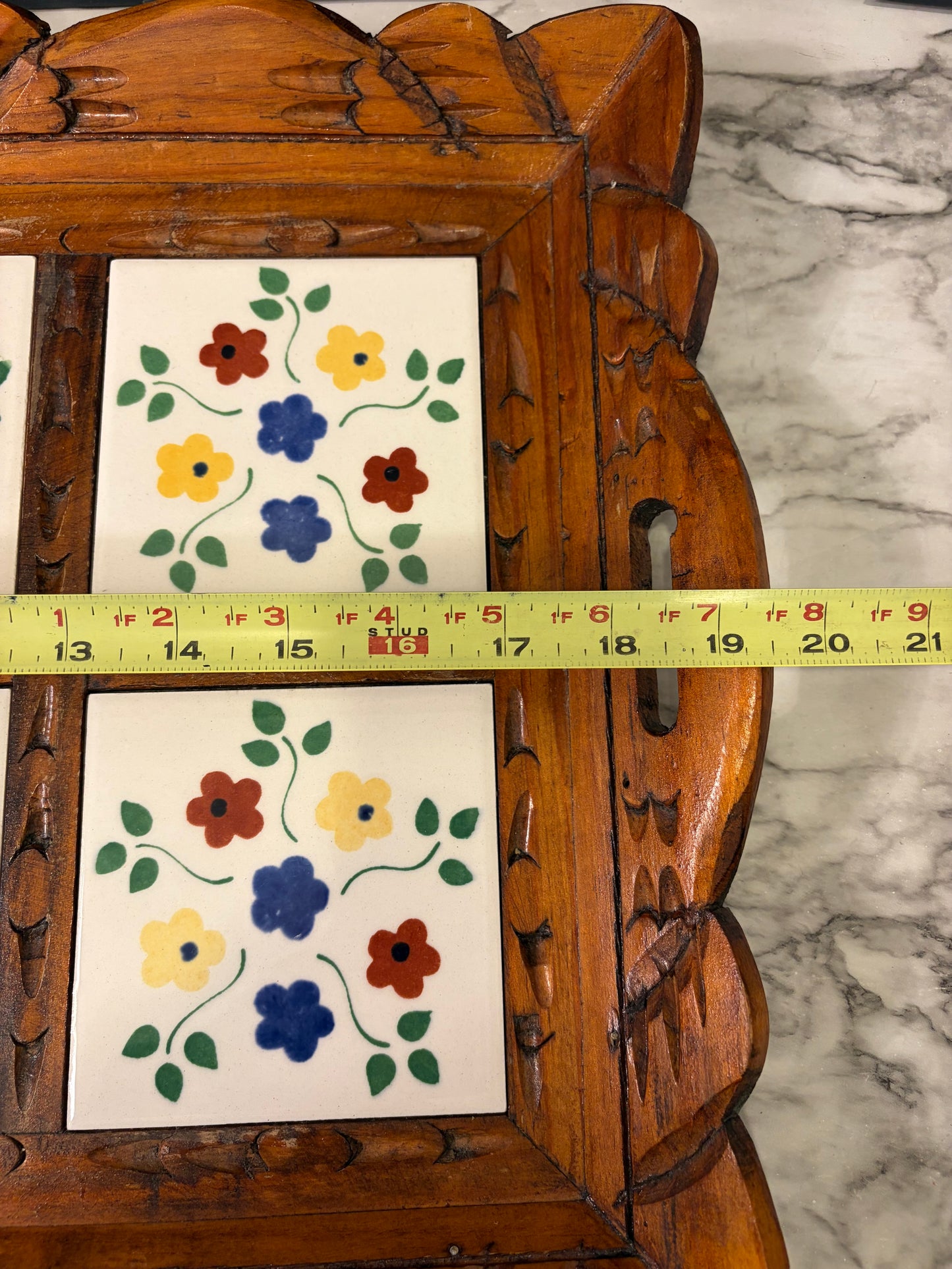 Wood Carved Serving Tray with Foral Ceramic Tiles