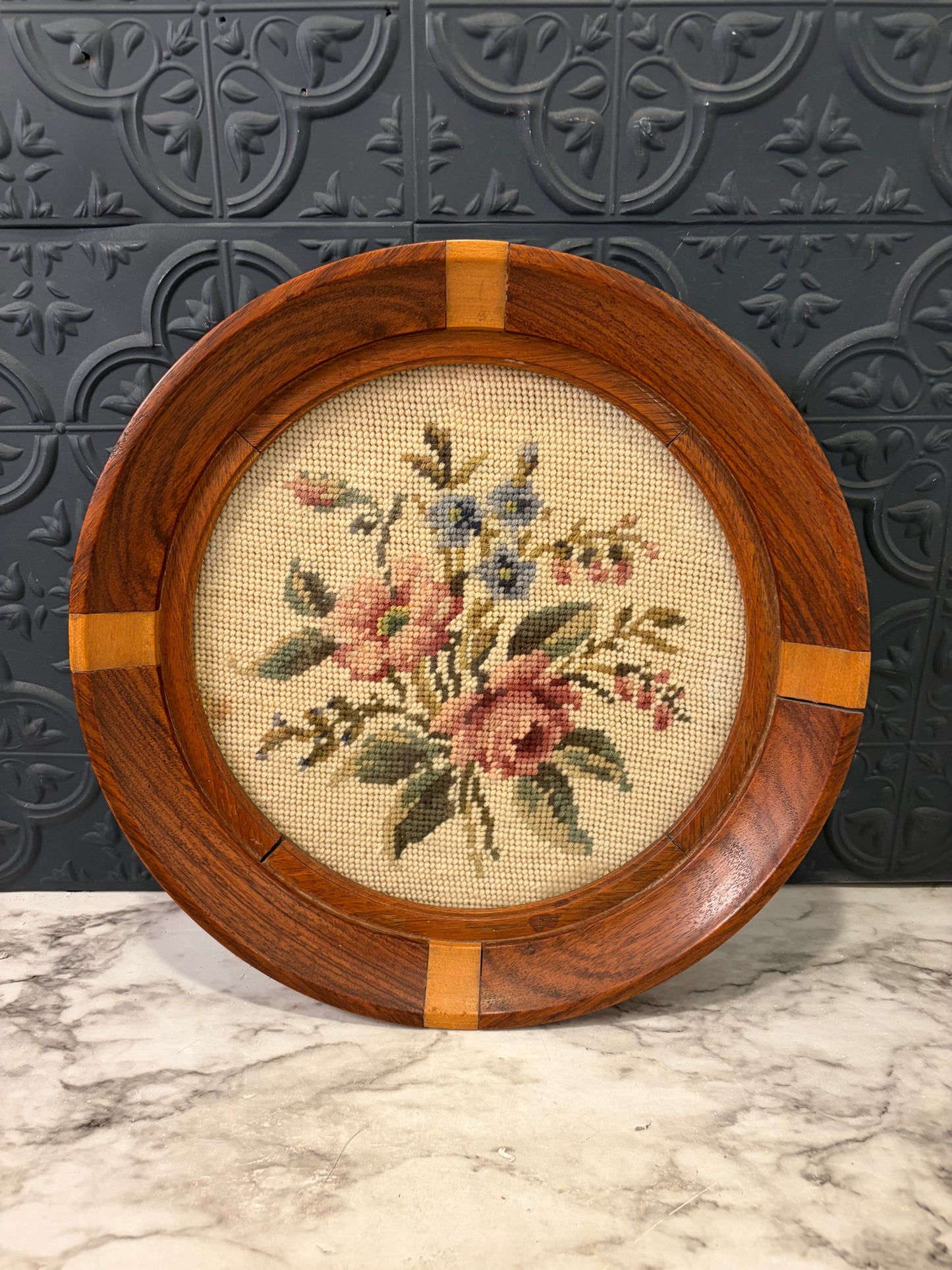 Round Rose Needlepoint in Wood Inlay Frame