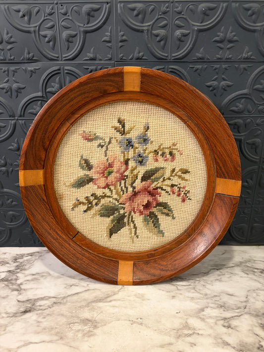 Round Rose Needlepoint in Wood Inlay Frame
