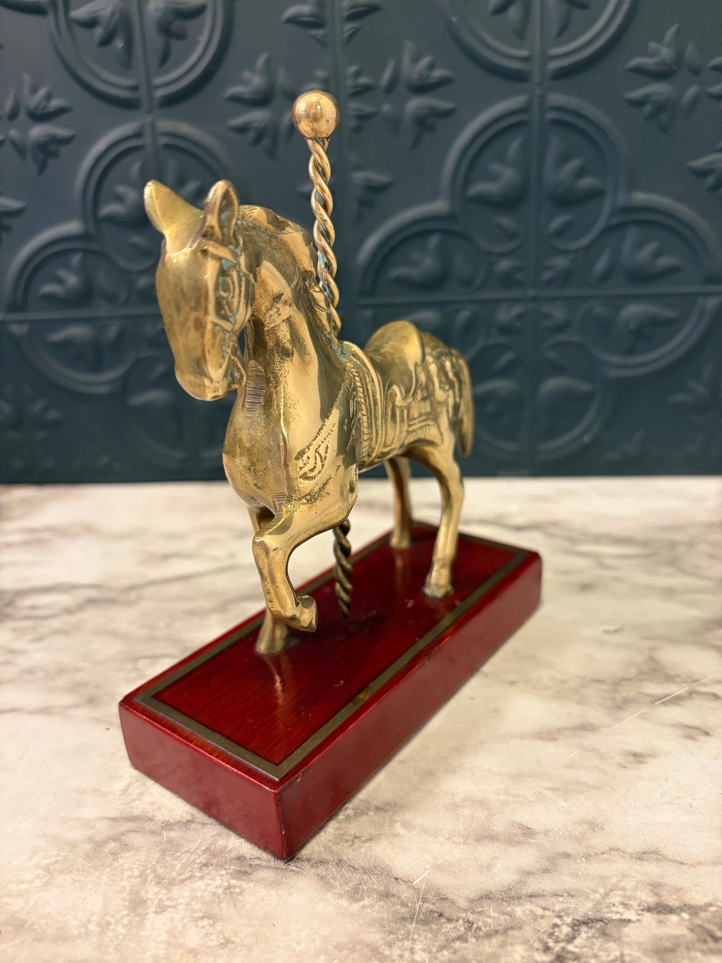 Brass Carousel Horse on Cherry Wood Base