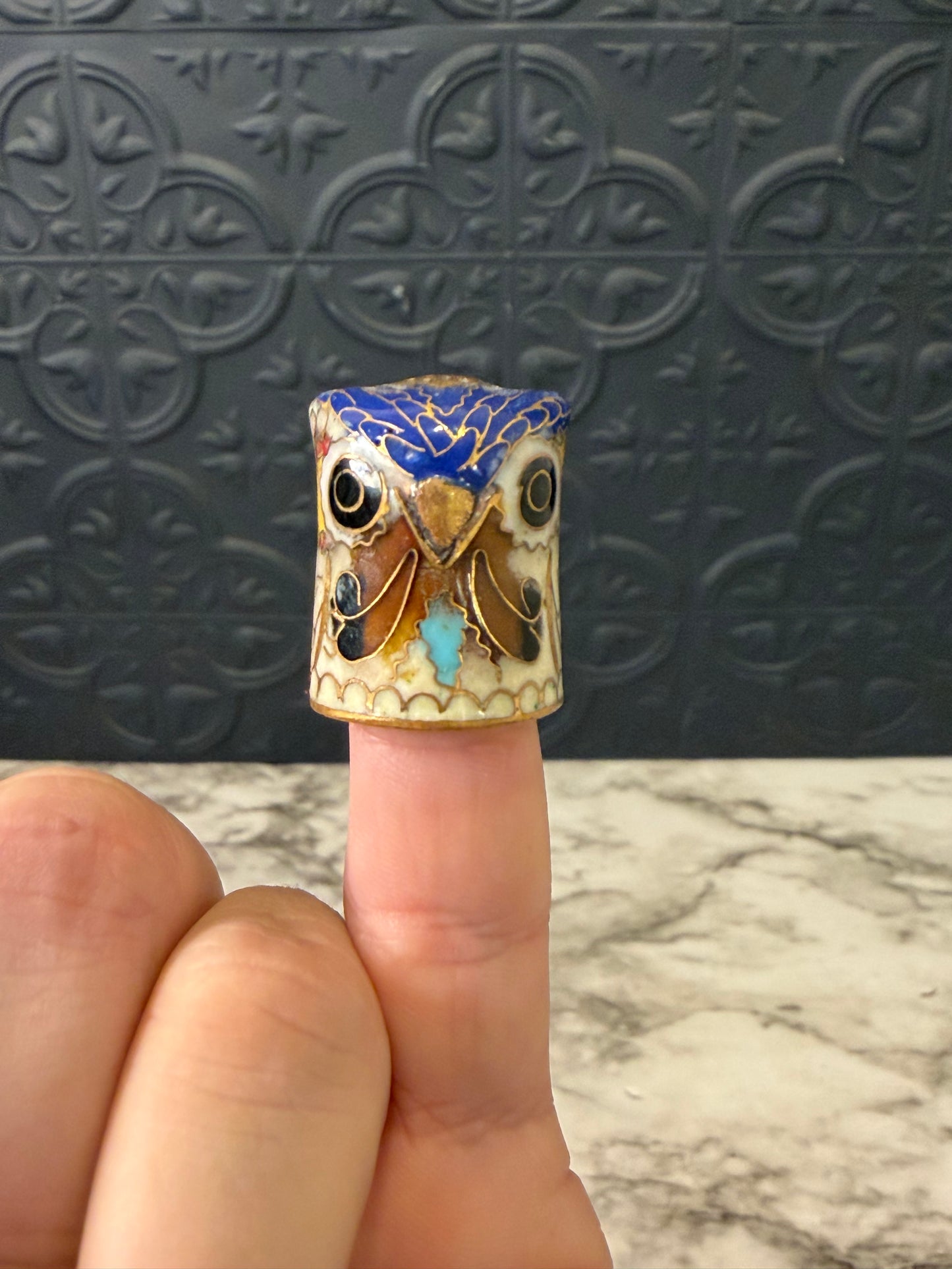 Miniature Brass Enamel Owl Thimble