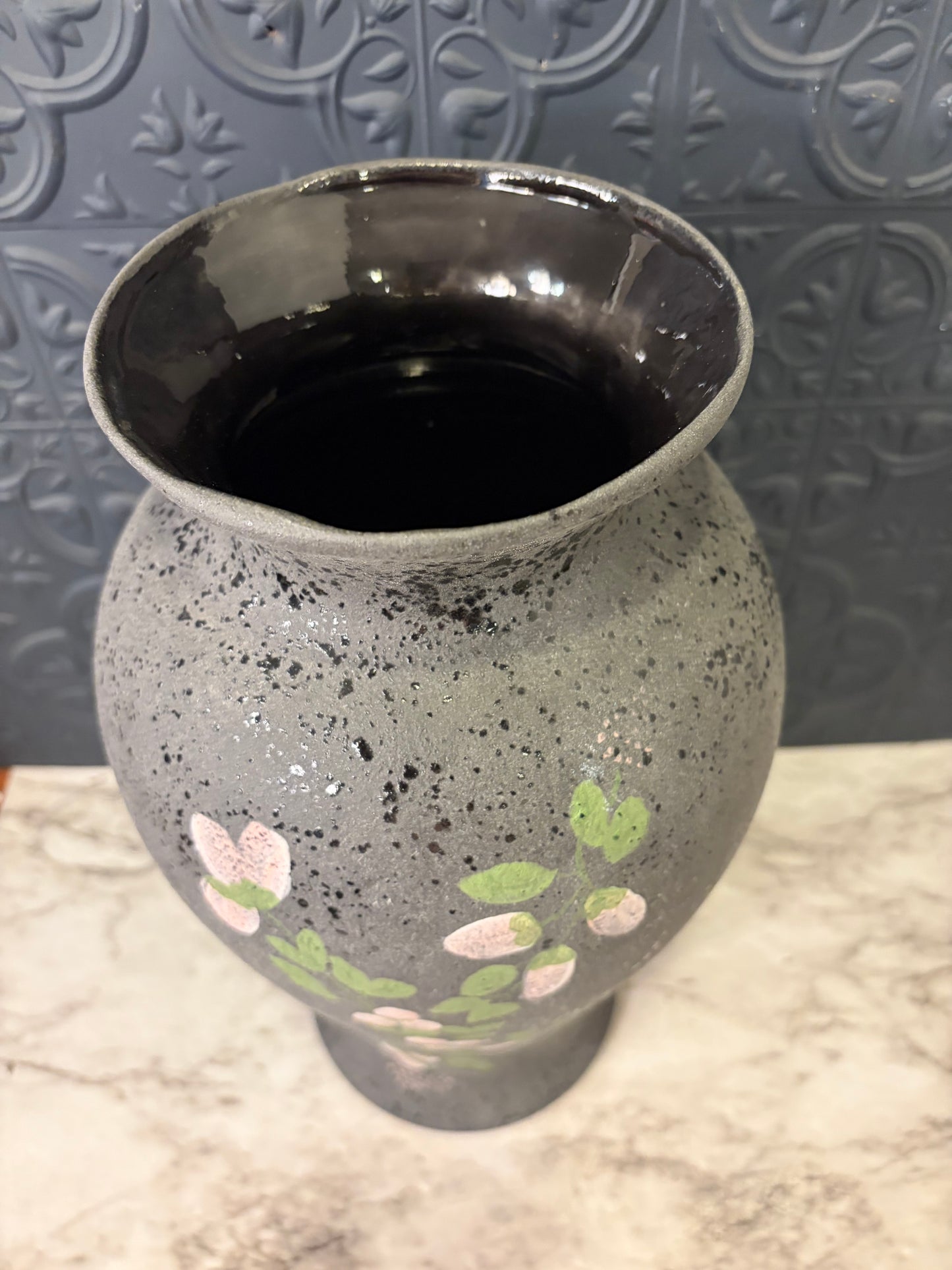 Large Grey Speckled Studio Pottery Vase with Pink flowers
