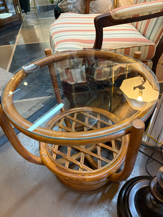 Round Bamboo Side Table with Glass Top