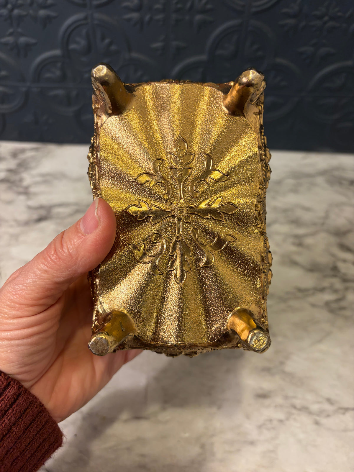 Ornate Gold Jewelry Box with Red Velvet lining