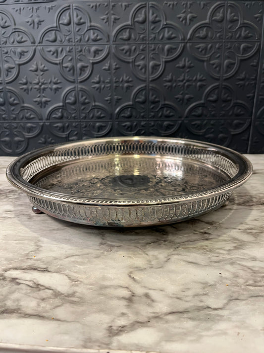 Round Etched Serving Tray with Cutout Rim and feet