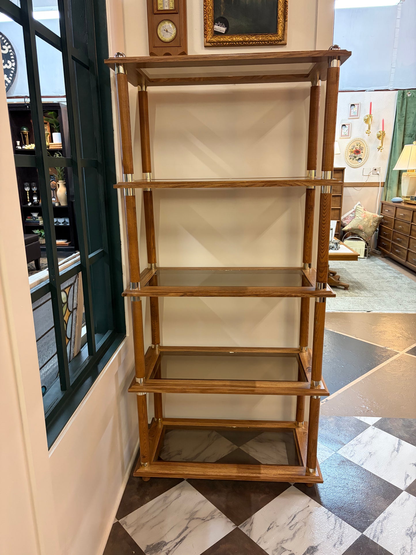 Mid Century Open Bookcase with Smoke Glass Shelves