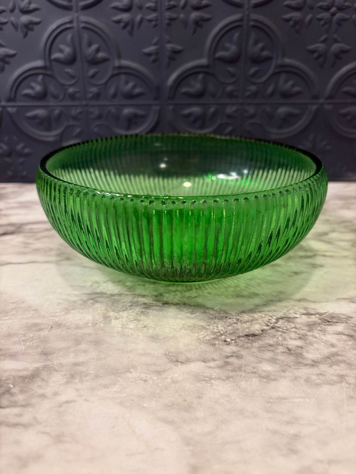 EO Brody Ribbed Round Green Glass Bowl